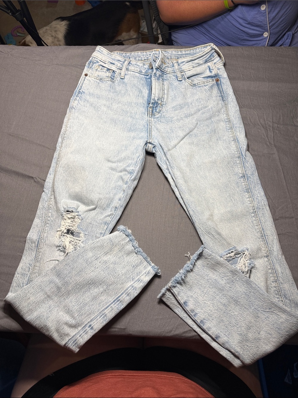 Old Navy Washed Light Blue Straight Leg Jeans with Frayed Knees